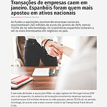 Transaes de empresas caem em janeiro. Espanhis foram quem mais apostou em ativos nacionais